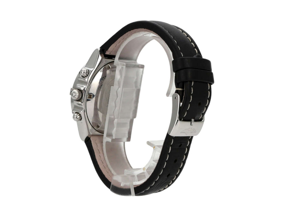 Breitling Chronomat Thunderbirds A20048, Edelstahlgehäuse, Lederarmband, seitliche Ansicht der Uhr.