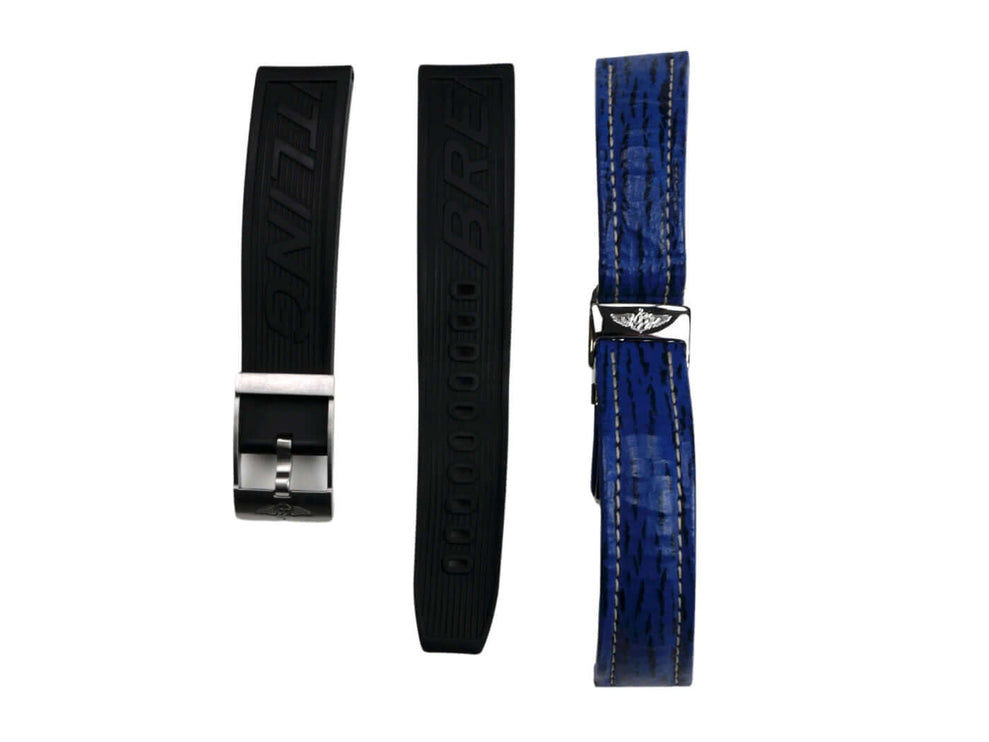 Breitling Uhrenarmbänder in schwarz und blau, Gummi und Leder, passend für Chronomat Modelle.