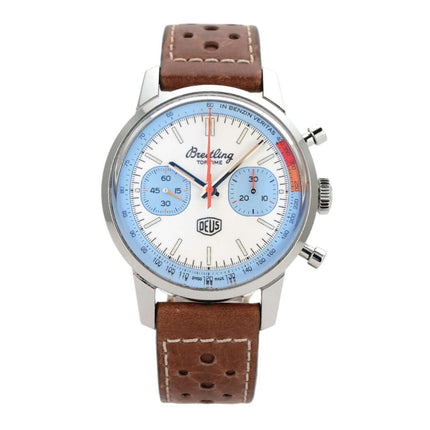 Breitling Premier Top Time Deus II A233112A1A1X1, Edelstahlgehäuse, braunes Lederband, weißes Zifferblatt, blaue Totalisatoren.