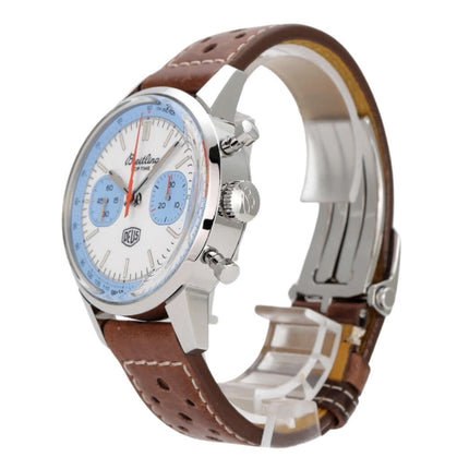 Breitling Premier Top Time Deus II A233112A1A1X1, Edelstahlgehäuse 41 mm, braunes Lederband, weißes Zifferblatt, blaue Totalisatoren.