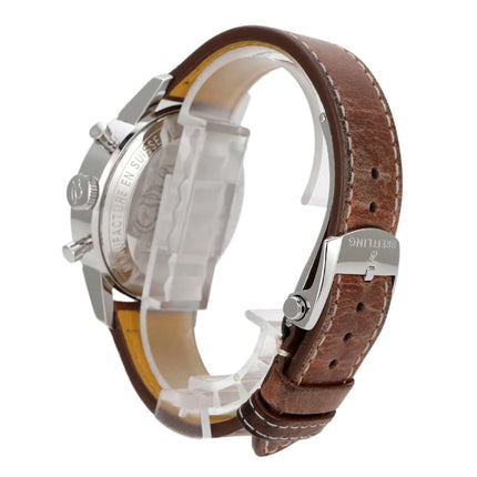 Breitling Premier Top Time Deus II Edelstahlgehäuse mit braunem Lederband und polierter Edelstahl-Lünette.