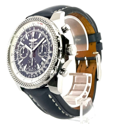 Breitling für Bentley Motors Chronograph A25362 mit poliertem Edelstahlgehäuse und blauem Zifferblatt, schwarzes Lederarmband