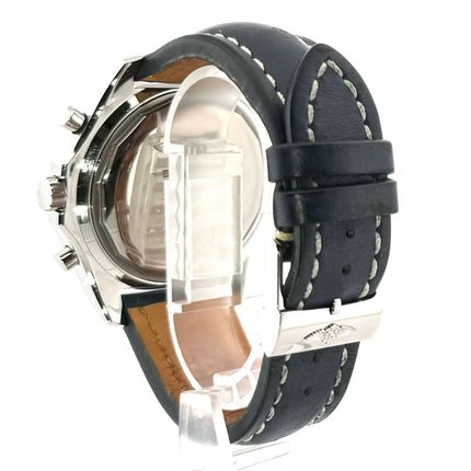 Breitling Bentley Motors Chronograph A25362 Edelstahl poliert Gehäuse mit schwarzem Lederband und Faltschließe rückseitige Ansicht