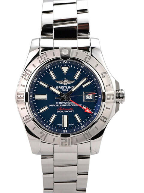 Breitling Avenger II GMT A3239011.C872.170A Herrenarmbanduhr mit blauem Zifferblatt und Edelstahlarmband.
