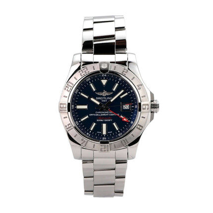 Breitling Avenger II GMT A3239011.C872.170A Edelstahl polierte Uhr mit blauem Zifferblatt und Faltschließe.