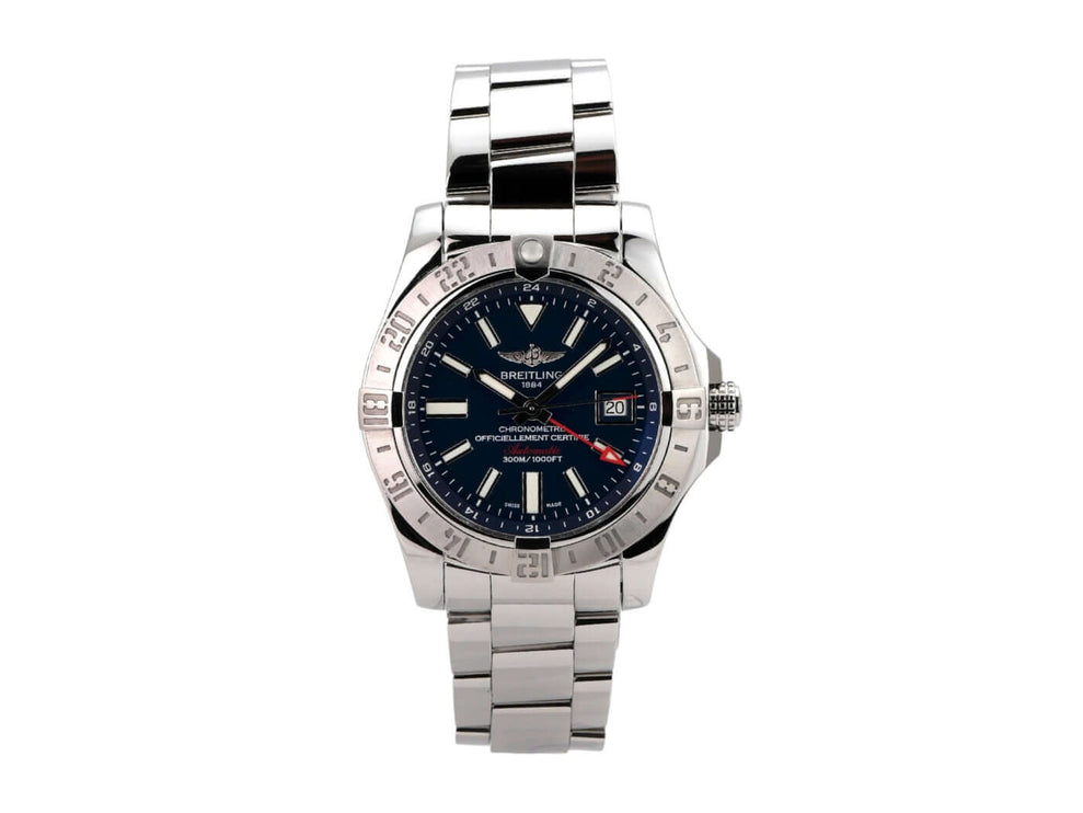 Breitling Avenger II GMT A3239011.C872.170A Edelstahl polierte Uhr mit blauem Zifferblatt und Faltschließe.