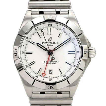 Breitling Chronomat Automatic GMT 40 Ref. A32398101A1A1, Edelstahl-Uhr mit weißem Zifferblatt und GMT-Funktion