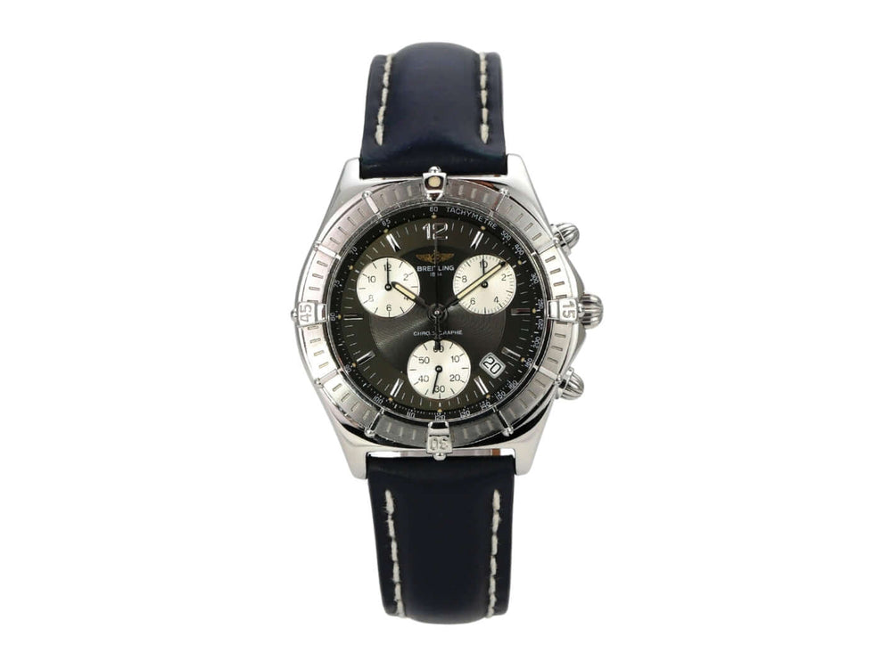 Breitling Sirius Chronograph Ref. A53011 mit Edelstahlgehäuse und blauem Lederarmband.