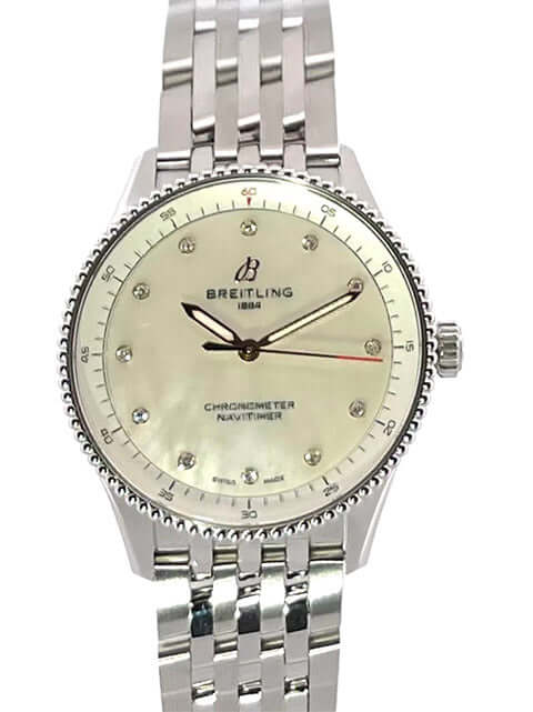 Breitling Navitimer 32 A77320E61A2A1 Edelstahlarmband Perlmutt Zifferblatt mit Diamanten Leuchtzeiger Chronometer Quarzwerk Kaliber 77