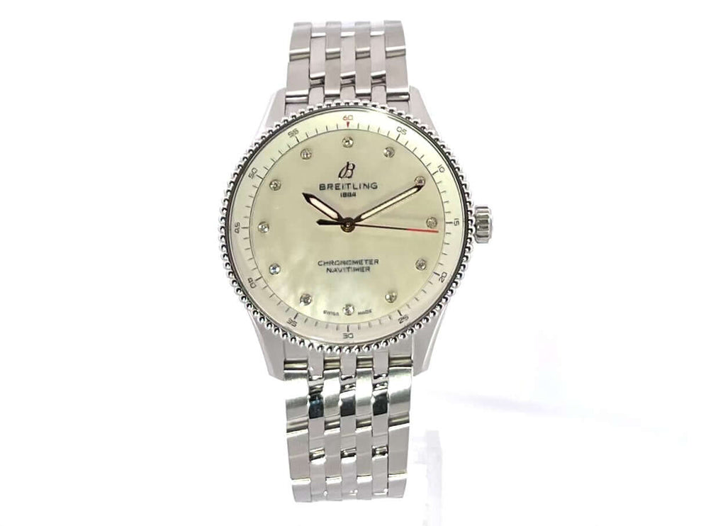 Breitling Navitimer 32 A77320E61A2A1, poliertes Edelstahlgehäuse 32 mm, Perlmutt-Zifferblatt mit Diamanten, Edelstahlband mit Faltschließe