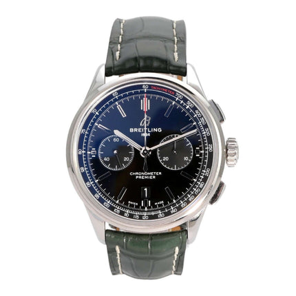 Breitling Premier B01 Chronograph 42, elegante Herrenuhr mit grünem Krokolederarmband und schwarzem Zifferblatt.