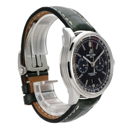 Breitling Premier B01 Chronograph 42 AB0118221L1P1 mit grünem Krokoleder und poliertem Edelstahlgehäuse.