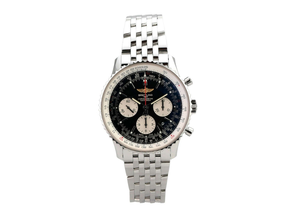 Breitling Navitimer 01 43 Ref. AB0120: Edelstahl Chronograph mit schwarzem Zifferblatt und Sicherheitsfaltschließe.
