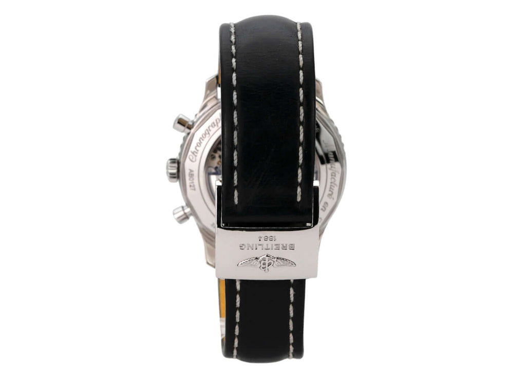 Breitling Navitimer 1 B01 Chronograph 46 AB0127211B1X1 Rückansicht mit schwarzem Lederband und Edelstahlgehäuse