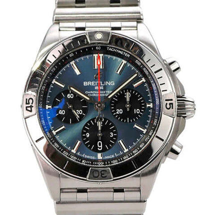 Breitling Chronomat B01 42 Chronograph AB0134101C1A1 Edelstahl Uhr mit blauem Zifferblatt und schwarzem Totalisator