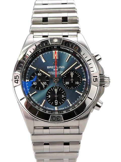 Breitling Chronomat B01 42 Chronograph AB0134101C1A1 Edelstahl Uhr mit blauem Zifferblatt und schwarzem Totalisator