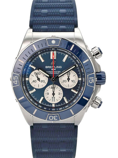 Breitling Super Chronomat B01 44 Chronograph AB0136161C1S1 mit blauem Kautschukband und Eau de Toilette Zifferblatt.