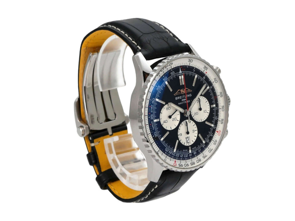 Breitling Navitimer B01 Chronograph 46 AB0137211B1P1 in Edelstahl mit schwarzem Alligatorlederband und blauem Zifferblatt.