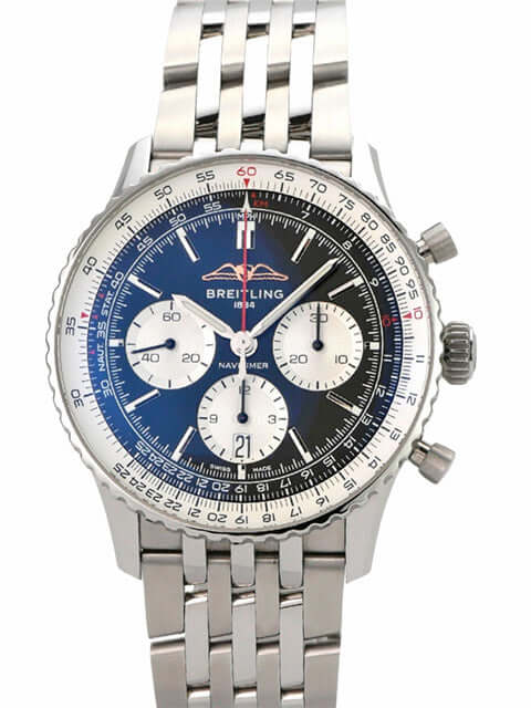 Breitling Navitimer B01 Chronograph 43 AB0138211B1A1 mit schwarzem Zifferblatt, Edelstahlarmband und Totalisatoren.