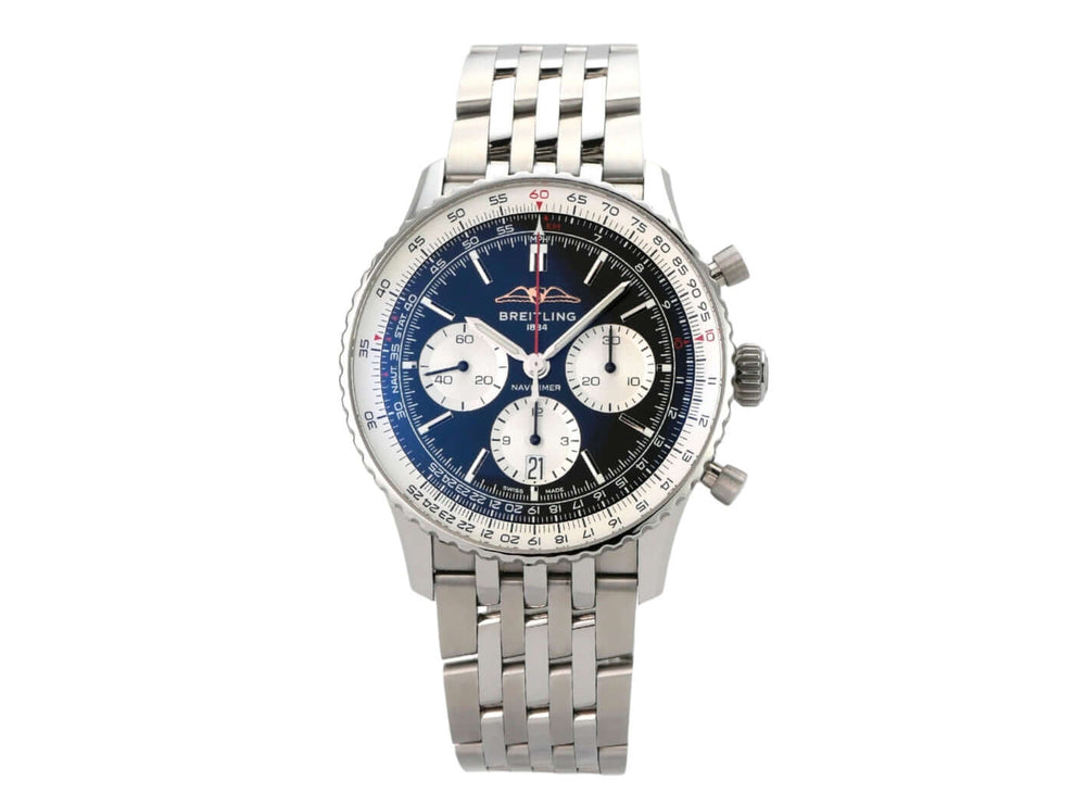 Breitling Navitimer B01 Chronograph 43 AB0138211B1A1 Uhr mit schwarzem Zifferblatt und Edelstahlband.