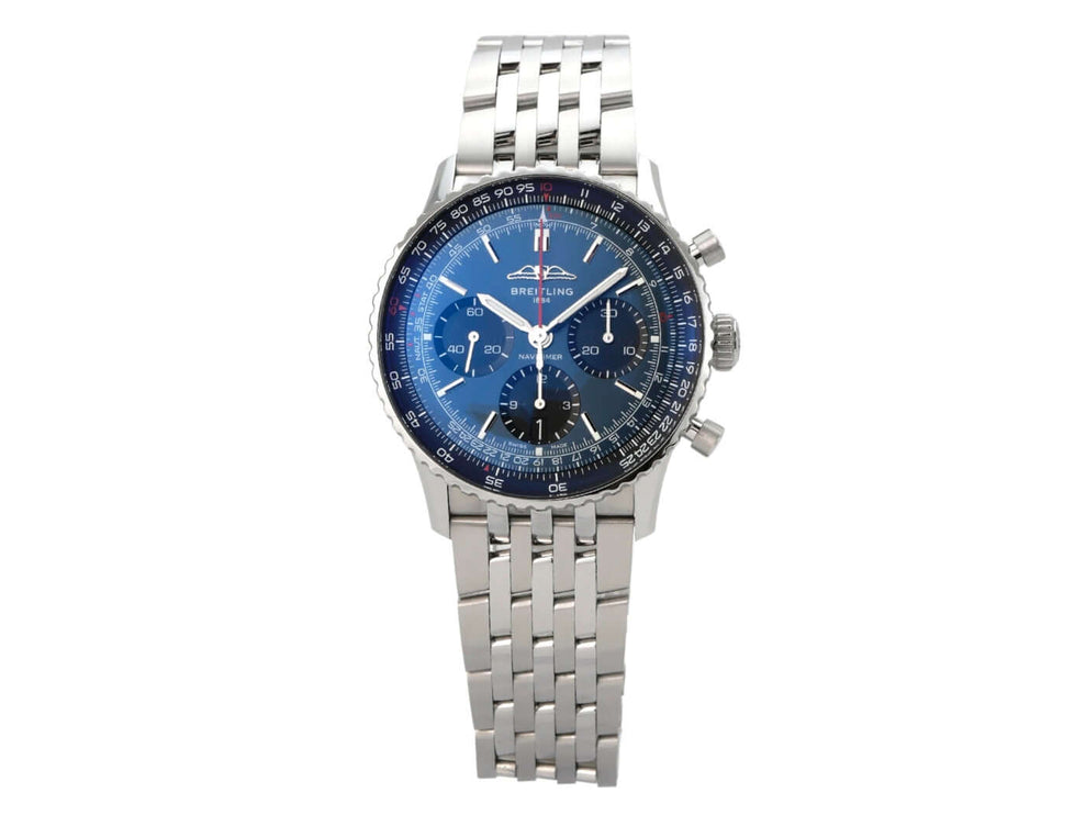Breitling Navitimer B01 Chronograph 41 AB0139241C1A1 mit blauem Zifferblatt und Edelstahlarmband.