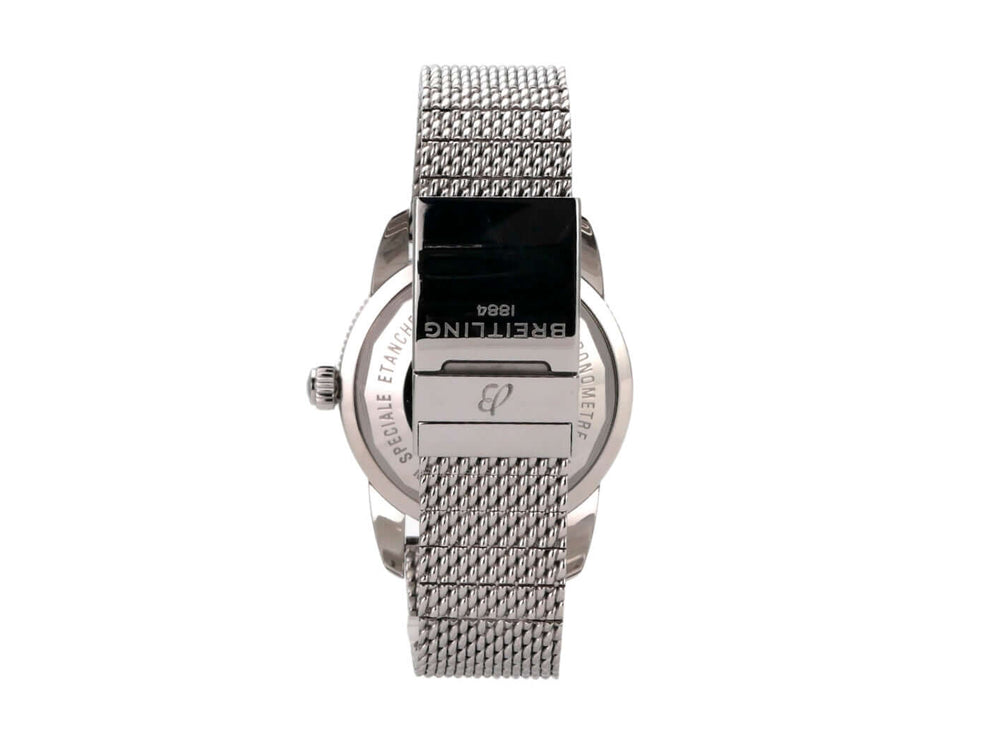 Detailaufnahme der Rückseite der Breitling Superocean Heritage II B20 Automatic 46 mit Edelstahlband und Gravur.