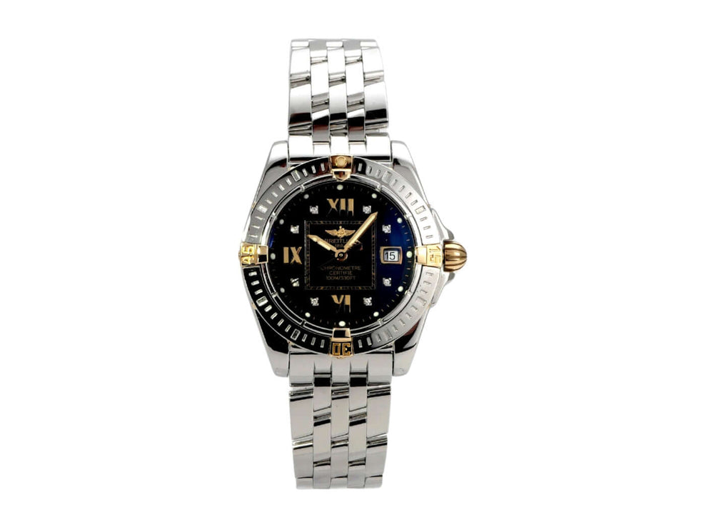Breitling Cockpit Lady Ref. B71356-105 Quarz Uhr, Edelstahl mit Gelbgold Lünette, schwarzes Zifferblatt mit Diamanten.