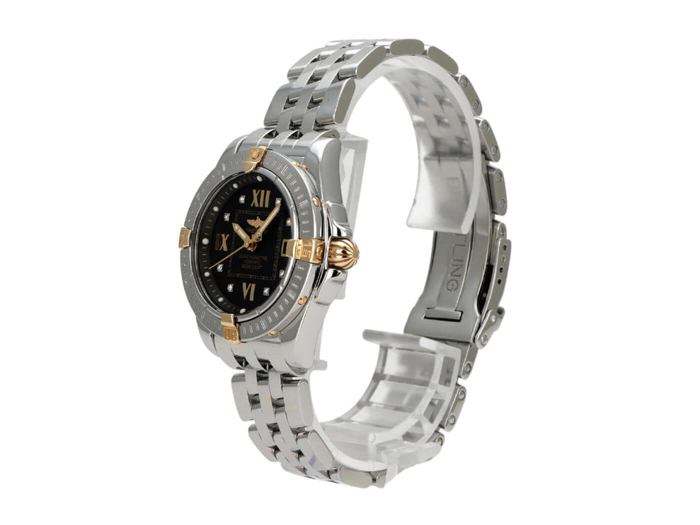 Breitling Cockpit Lady Ref. B71356-105 mit Edelstahl- und Gelbgold-Lünette, schwarzem Zifferblatt und römischen Ziffern.
