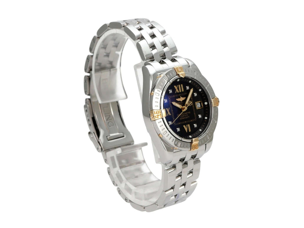 Breitling Cockpit Lady Ref. B71356-105: elegante Damenuhr aus Edelstahl und Gelbgold mit schwarzem Zifferblatt und Diamanten.