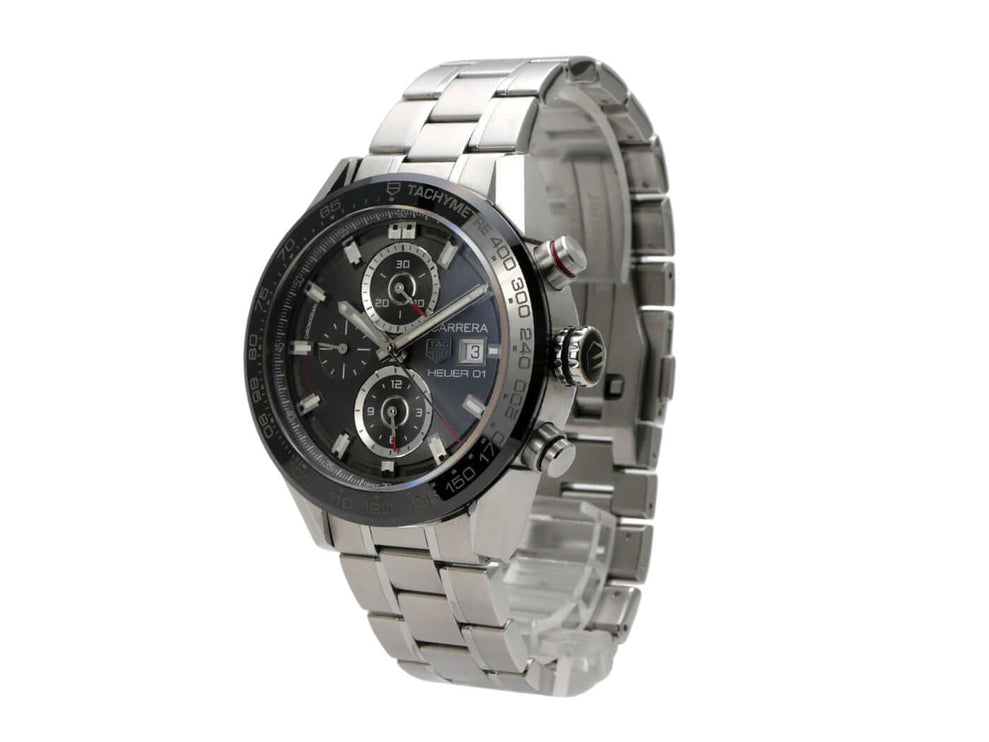TAG Heuer Carrera Heuer 01 Automatik Chronograph CAR201W.FT6122, Edelstahl, schwarze Keramiklünette, graues Zifferblatt.