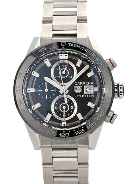 TAG Heuer Carrera Heuer 01 Automatik Chronograph CAR201Z.BA0714 mit schwarzem Zifferblatt und Edelstahlband.