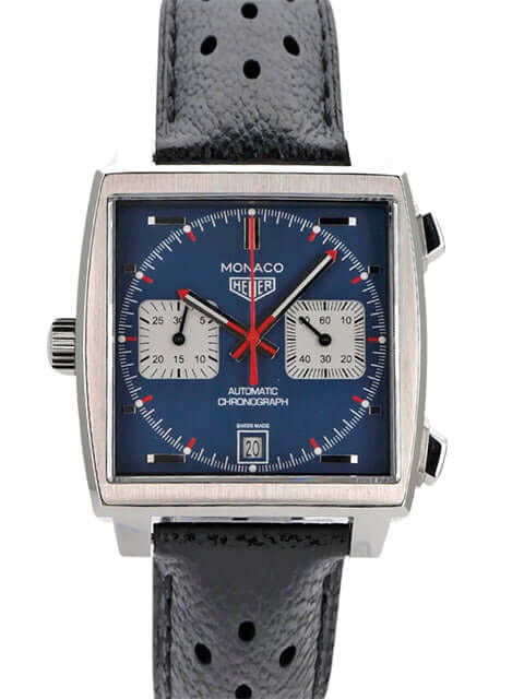 TAG Heuer Monaco Calibre 11 Chronograph CAW211P.FC6356 mit blauem Zifferblatt und schwarzem Lederband.
