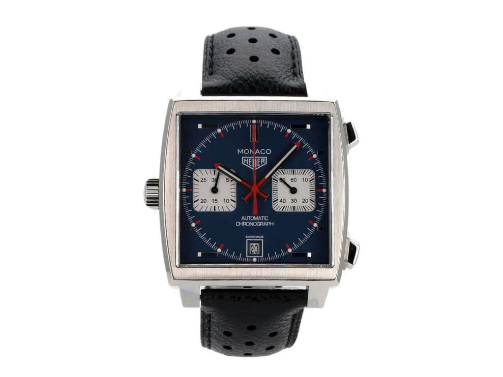 TAG Heuer Monaco Calibre 11 Chronograph mit blauem Zifferblatt und schwarzem Lederband, Ref. CAW211P.FC6356.