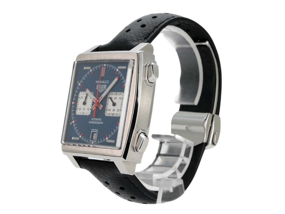 TAG Heuer Monaco Calibre 11 Chronograph mit schwarzem Lederarmband und blauem Zifferblatt, Ref. CAW211P.FC6356.