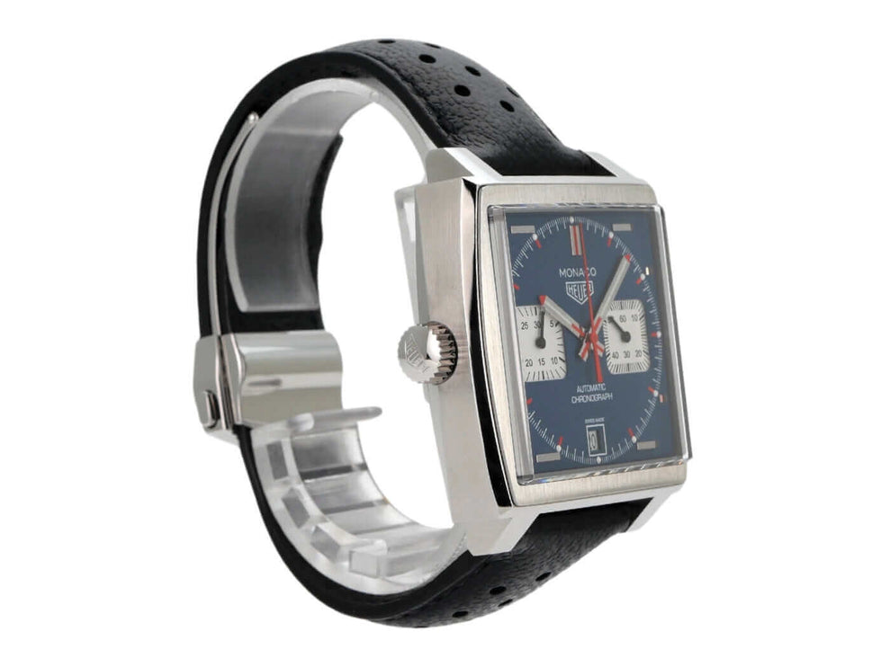TAG Heuer Monaco Calibre 11 Chronograph CAW211P.FC6356, Edelstahlgehäuse, schwarzes Lederband, blaues Zifferblatt, Automatik
