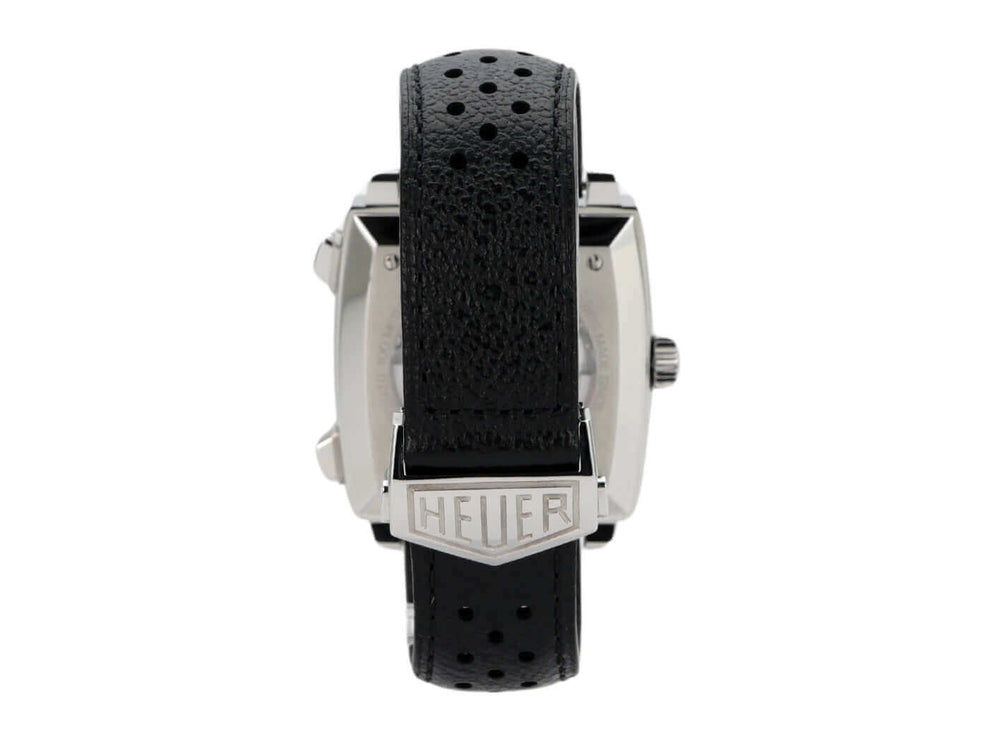 TAG Heuer Monaco Calibre 11 Chronograph CAW211P.FC6356 mit schwarzem Lederband und Faltschließe, Ansicht von hinten.