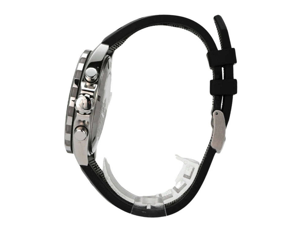 TAG Heuer Formula 1 Chronograph 43 CAZ101AC.FT8024 Uhr seitliche Ansicht mit schwarzem Lederarmband und Edelstahlgehäuse.