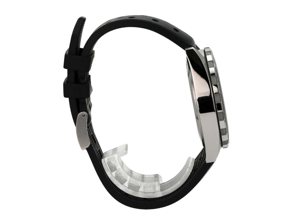 Seitenansicht der TAG Heuer Formula 1 Chronograph 43 CAZ101AC.FT8024 mit schwarzem Lederarmband und Edelstahlgehäuse.