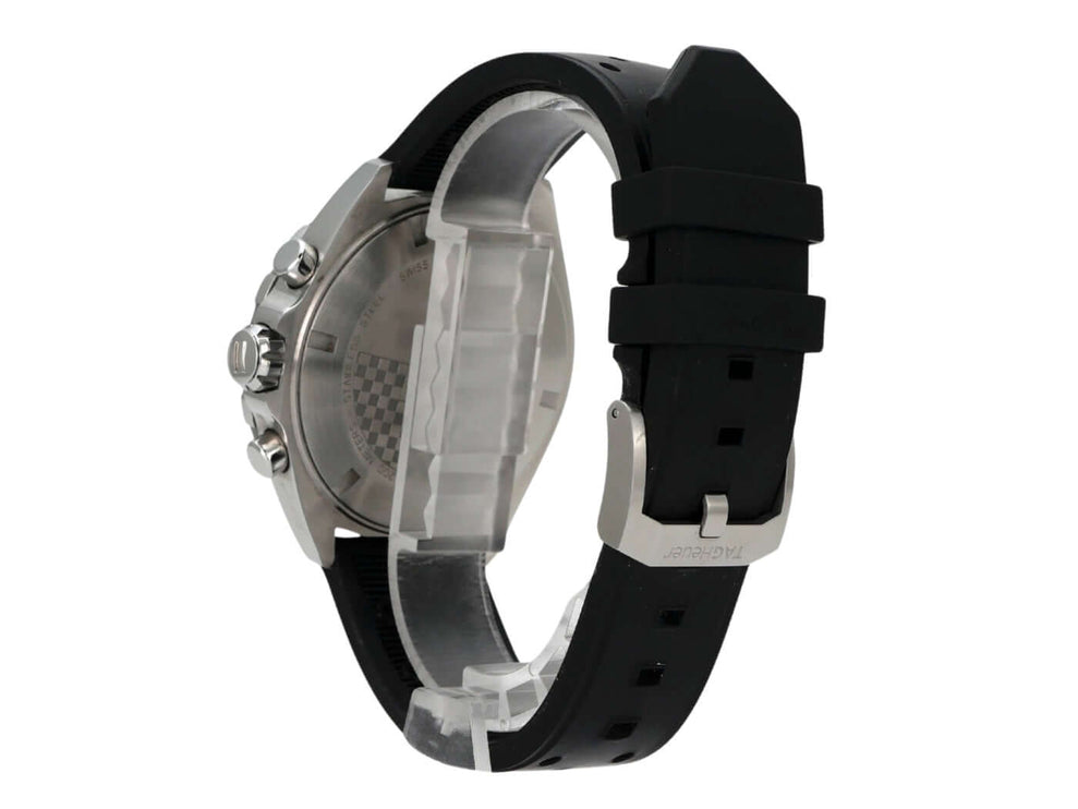 TAG Heuer Formula 1 Chronograph 43 CAZ101AC.FT8024 Rückansicht mit schwarzem Silikonarmband und Edelstahlgehäuse.