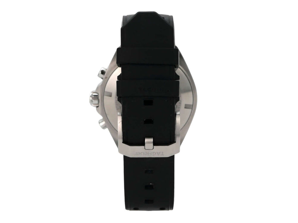 TAG Heuer Formula 1 Chronograph 43 CAZ101AC.FT8024 Rückansicht mit schwarzem Gummiarmband und Edelstahlgehäuse.