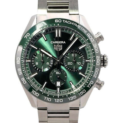TAG Heuer Carrera Chronograph CBN2A1N.BA0643 mit grünem Zifferblatt und Edelstahlarmband, 44 mm Gehäuse.