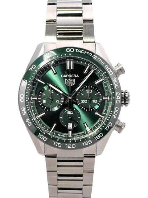 TAG Heuer Carrera Chronograph CBN2A1N.BA0643 mit grünem Zifferblatt und Edelstahlarmband, 44 mm Gehäuse.