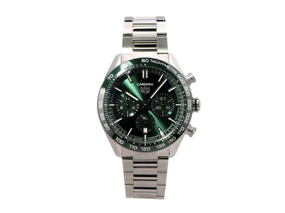 TAG Heuer Carrera Chronograph CBN2A1N.BA0643 Edelstahl-Uhr mit grünem Zifferblatt und Keramikuhr. 