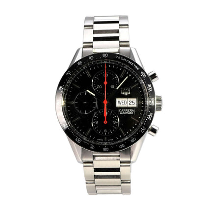 TAG Heuer Carrera Calibre 16 Day-Date CV201AH.BA0725 Edelstahl Chronograph mit schwarzem Zifferblatt.