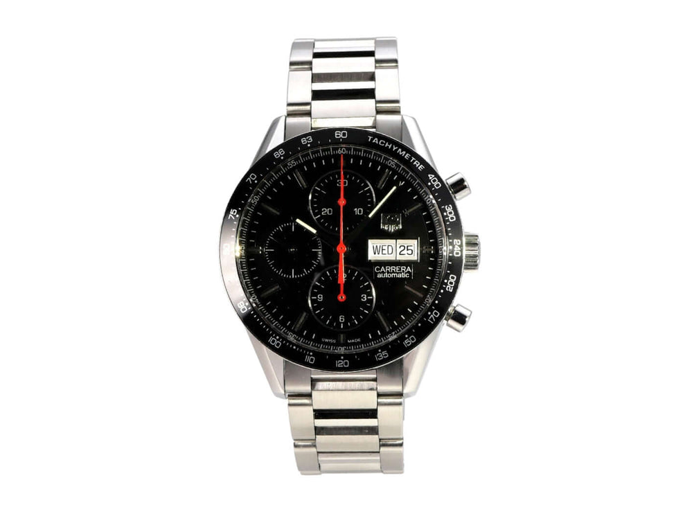TAG Heuer Carrera Calibre 16 Day-Date CV201AH.BA0725 Edelstahl Chronograph mit schwarzem Zifferblatt.