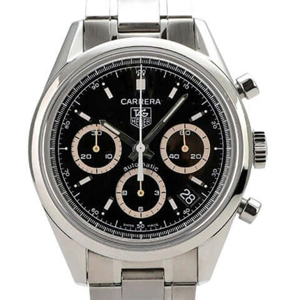 Tag Heuer Carrera Automatik Chronograph CV2113 auf Edelstahlarmband mit schwarzem Zifferblatt und Chronographen-Funktionen.