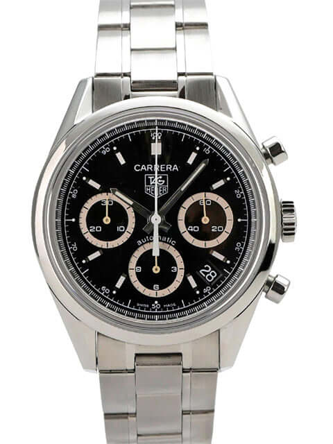 Tag Heuer Carrera Automatik Chronograph CV2113 auf Edelstahlarmband mit schwarzem Zifferblatt und Chronographen-Funktionen.