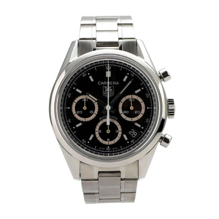 Tag Heuer Carrera Automatik Chronograph CV2113 in sehr gutem Zustand mit schwarzem Zifferblatt und Edelstahlarmband.