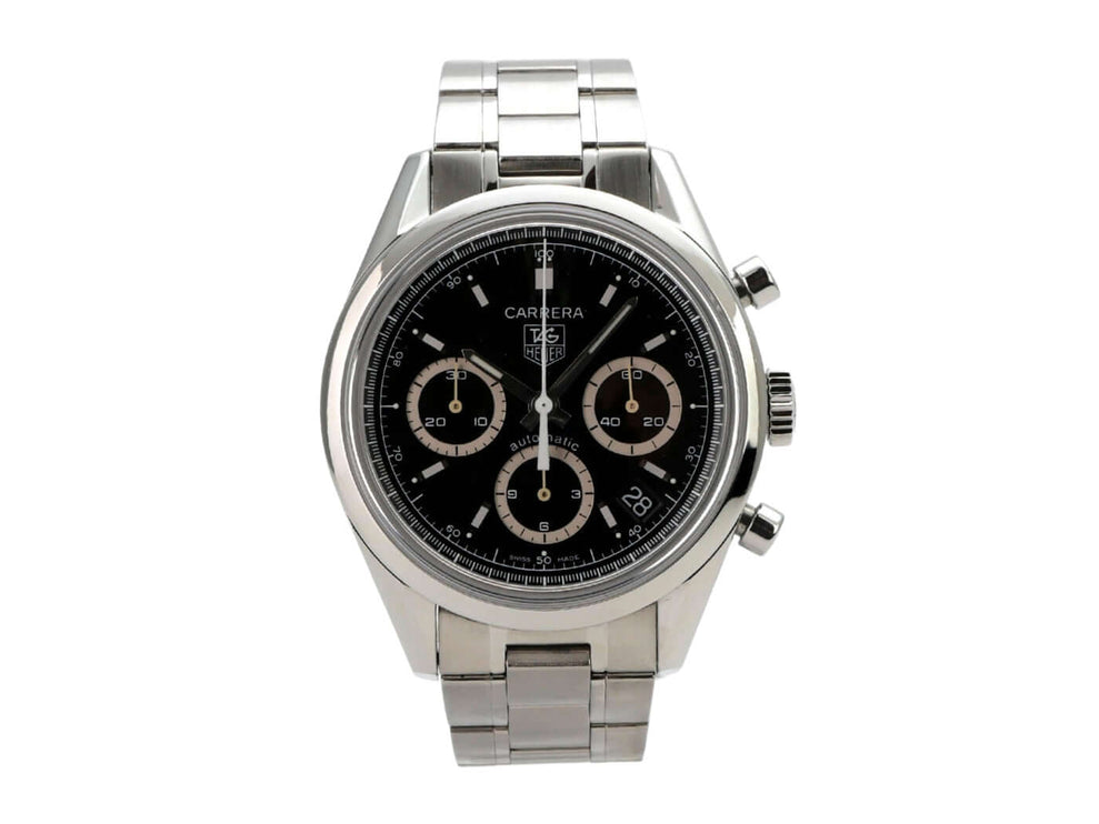 Tag Heuer Carrera Automatik Chronograph CV2113 in sehr gutem Zustand mit schwarzem Zifferblatt und Edelstahlarmband.