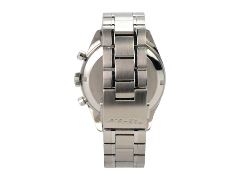 Tag Heuer Carrera Automatik Chronograph CV2113 Rückansicht des polierten Edelstahlarmbands.